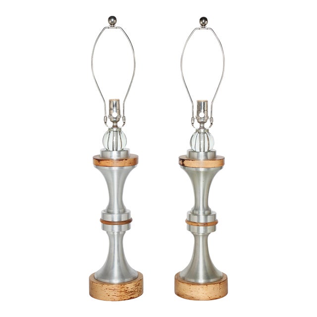 1950s Russel Wright Spun Aluminum, Maple and Crystal Ball Table Lamps - A Pair For Sale