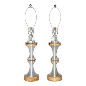 1950s Russel Wright Spun Aluminum, Maple and Crystal Ball Table Lamps - A Pair