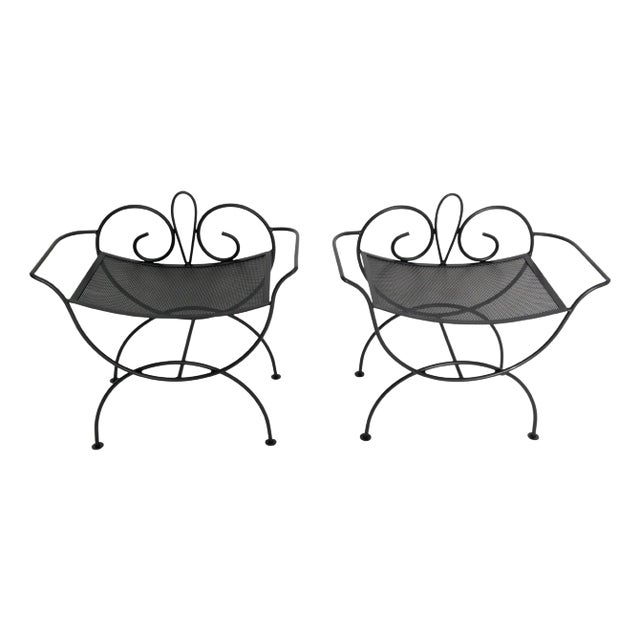 Pair Wrought Iron Salterini style Black Benches For Sale