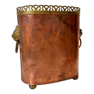 Antique European Copper Planter With Brass Lion Head Handles & Pierced Gallery, Early 20th C. For Sale