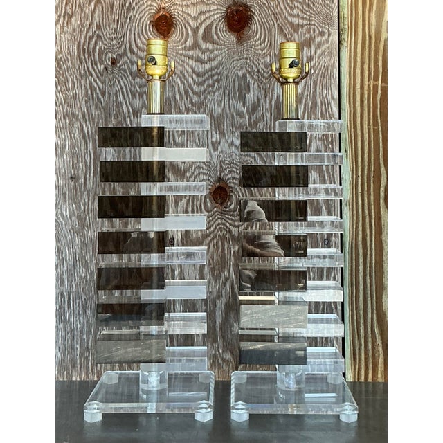Vintage Boho Stacked Lucite Skyscraper Lamps - a Pair For Sale - Image 9 of 9