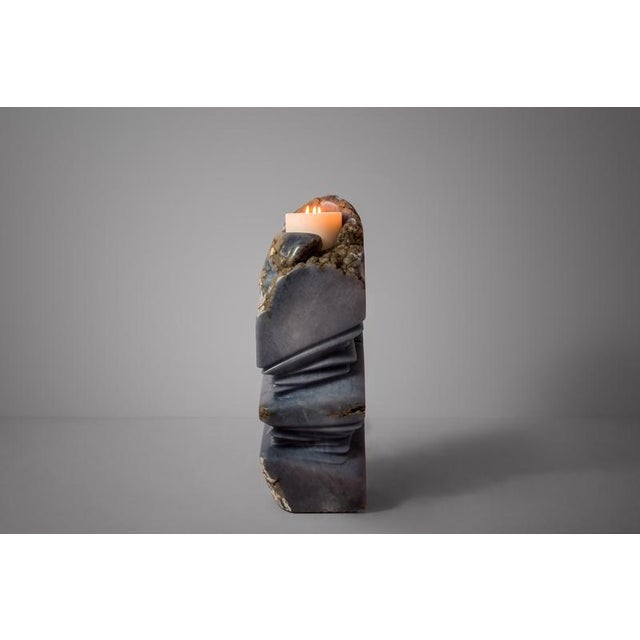 Lapiaz sculptural candle holder in blue alabaster by amarist studio limited edition dimensions: d 20 x w 20 x h 70 cm....