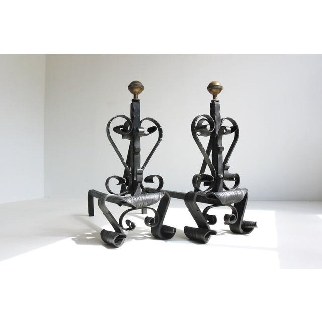 Antique Hand-Forged Wrought Iron Andirons, 1890s, Set of 2 For Sale - Image 12 of 13