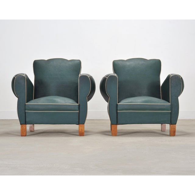 Early 20th Century Pair of 20th Century French Art Deco Period Green Club Chairs For Sale - Image 5 of 17