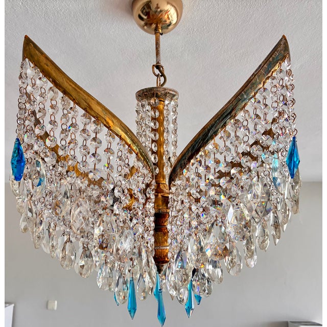 1960s Mid-Century Modern Crystal Chandelier With Aqua Blue Drops - Solid Brass Leaf Design Lighting - Rewired & Working⁠ For Sale - Image 13 of 18