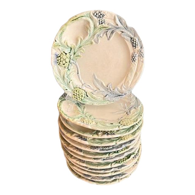 Antique French Majolica Fives-Lille Asparagus Plates - Set of 12 For Sale