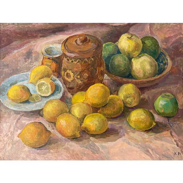 A wonderfully textural still life of lemons and apples painted in 1984 by Ukrainian artist Mykola Koshel. Though it...