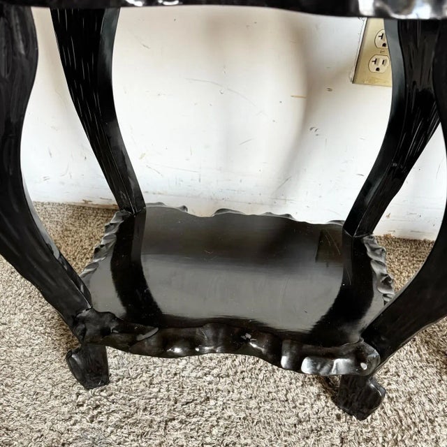 Black Chinese Black Lacquered and Hand Painted With Mother of Pearl Inlay Side Tables - a Pair For Sale - Image 8 of 12