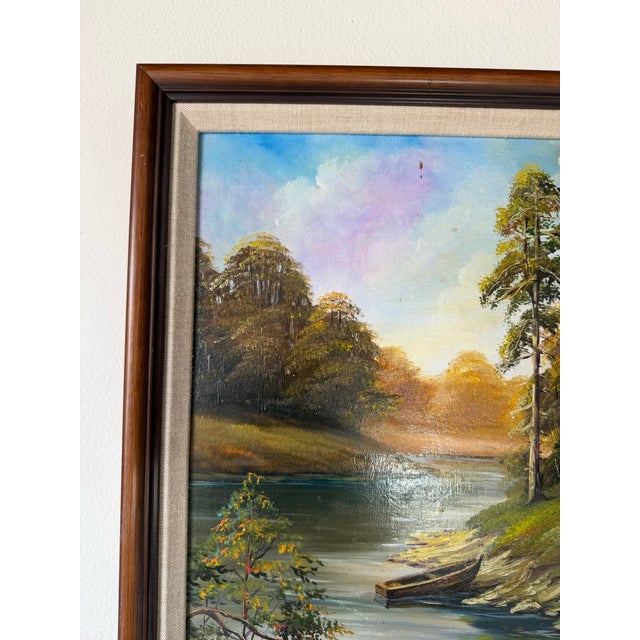 1990s 1995 Vintage River Landscape Oil on Masonite Painting, Signed & Framed For Sale - Image 5 of 12