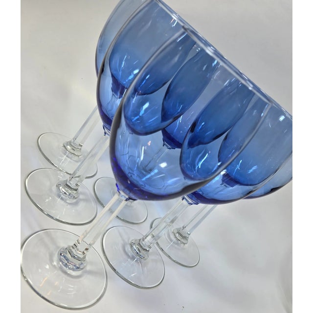 Contemporary Pillar Stemmed Blue Goblets- Set of Six For Sale - Image 3 of 12