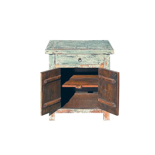 Abstract Distressed Pale Teal Gray Natural Wood End Table Nightstand For Sale - Image 3 of 6