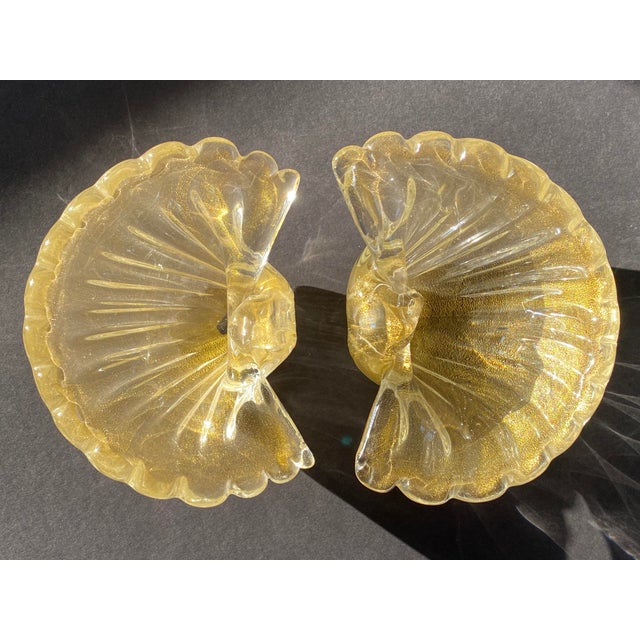 1950s Mid-Century Barovier & Toso Gold Fleck Scalloped Shell Bowls - a Pair For Sale - Image 13 of 13