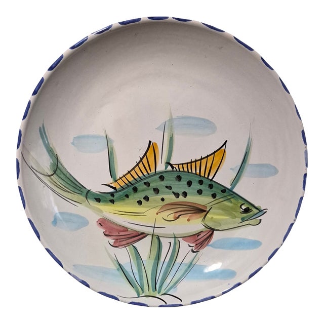 Vintage Coastal Vietri Italy Hand Painted Fish Large Platter 15'' Diameter For Sale