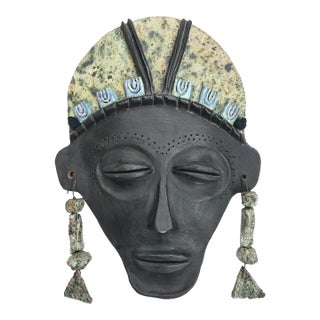 1986 Vintage Handmade Terracotta Fired Clay Wall Mask Decorative Signed Maria A. African Studio Pottery 80s For Sale