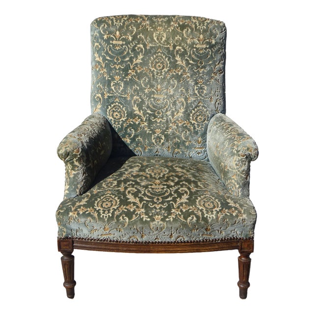 Napoleon III Blue-Grey and Gold Velvet Lounge Chair, 1890s For Sale