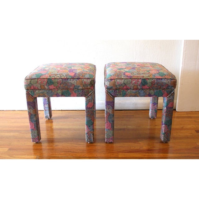 This is a pair of mid century modern Milo Baughman style Parsons ottomans that have fully upholstered tops, base and legs,...