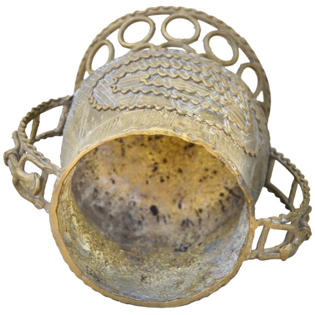 Mid 20th Century Mid 20th Century Handcrafted & Engraved Brass Bowl W/ Ornate Handles For Sale - Image 5 of 7