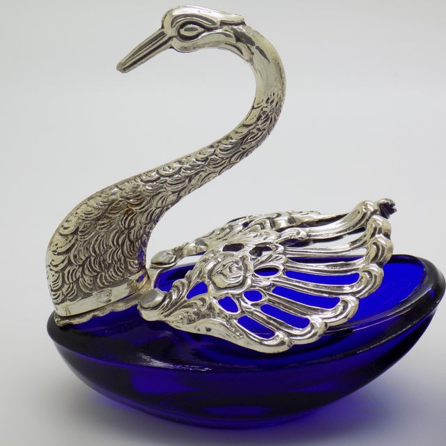 Vintage Italian Sterling Silver 800 Swan Salt Cellars with Cobalt Glass Liners and Spoons, 1970s, Set of 4 For Sale - Image 10 of 13