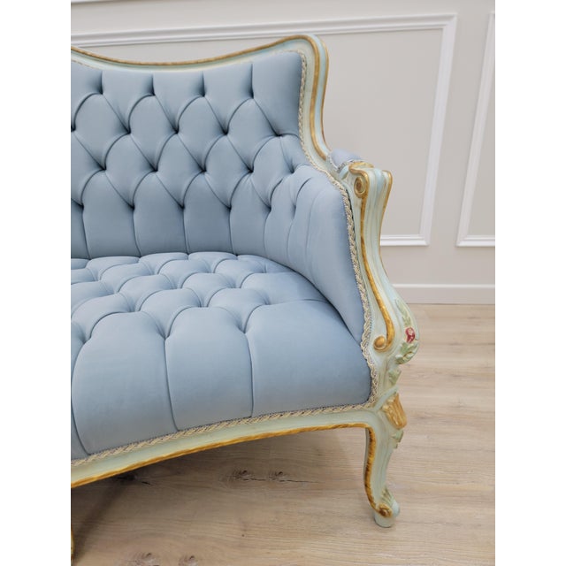 1970s Sky Blue Tufted French Provincial Sofa | Hand-Painted Floral Trim, Louis XV Style Settee For Sale - Image 10 of 12