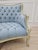 1970s Sky Blue Tufted French Provincial Sofa | Hand-Painted Floral Trim, Louis XV Style Settee For Sale - Image 10 of 12