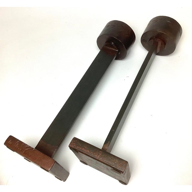 Amber Late 20th Century Fabulous Pair of Jan Barboglio 29” Tall Iron and Amber Glass Hurricanes For Sale - Image 8 of 12