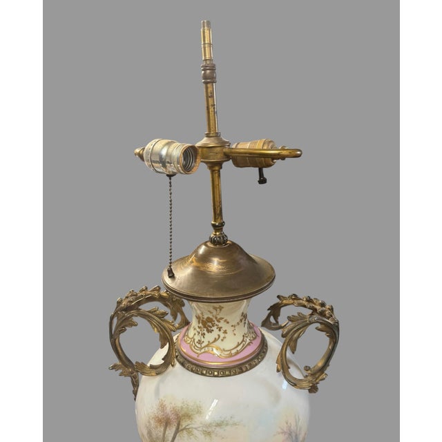 Antique French Sevres Style Porcelain Table Lamp Hand Painted Signed Marius For Sale - Image 6 of 11