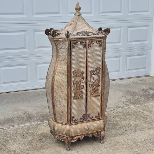 Unusual 20th Century Chinoiserie Pagoda Top Bombe Form Cane 2-Door Storage Cabinet For Sale - Image 12 of 12