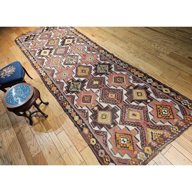 Tribal Vintage Kurdish Kilim Gallery Rug, Handwoven Wool, Allover Geometric Pattern, 5x14.5 For Sale - Image 3 of 14
