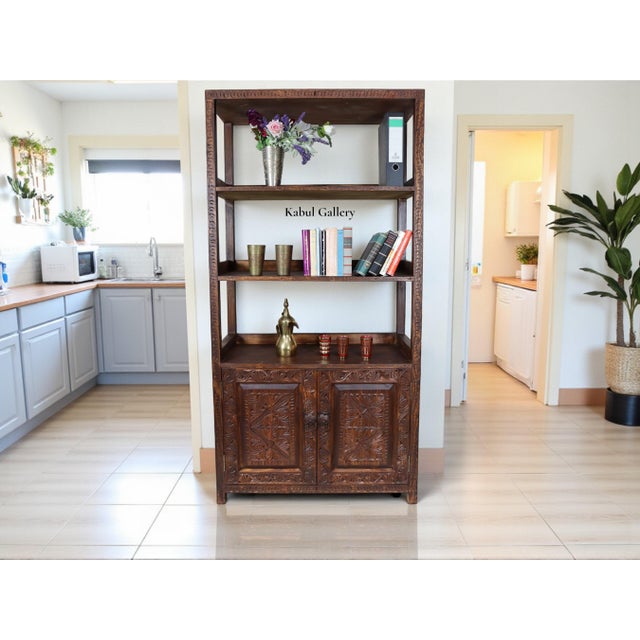 Hand Carved Oriental Wooden Cabinet Bookshelf Shelf, Nuristan, Afghanistan, 1980s For Sale - Image 3 of 15