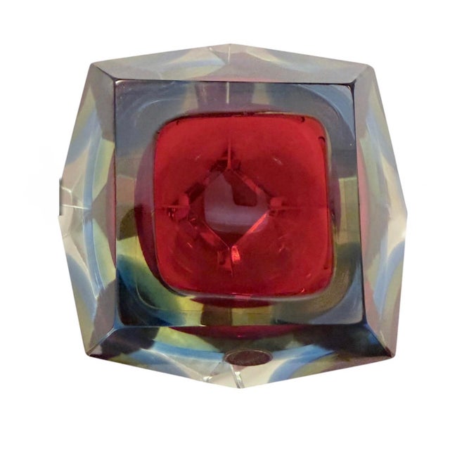 This is a vintage Murano Sommerso faceted art-glass bowl or ashtray, made in Murano, Italy, circa 1960s to 1970s. The...