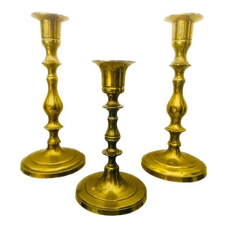 Antique English Brass Candlestick Holders- Set of 3 For Sale