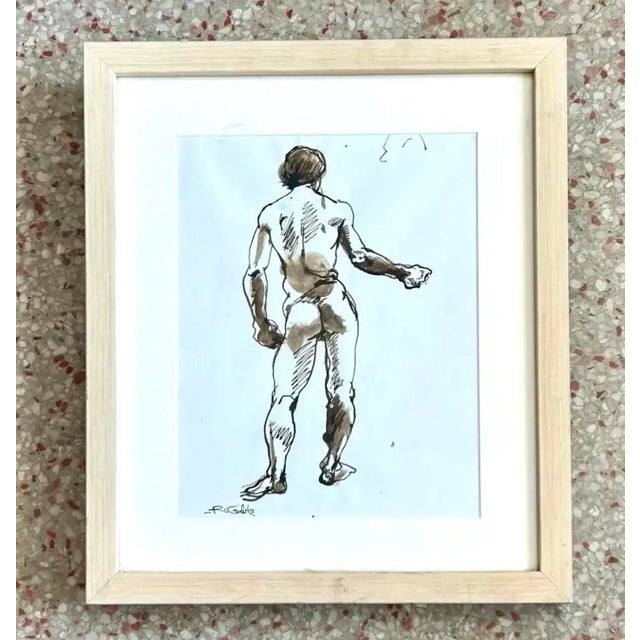 Late 20th Century Vintage Boho Nude Male Figure Drawing For Sale - Image 5 of 6
