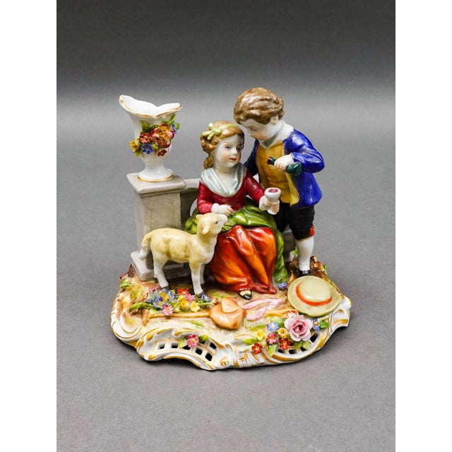 Von Schierholz Germany Antique Boy & Girl With Lamb Porcelain Figurine 275 Measures approximately 5 5/8" long, 4 5/8"...