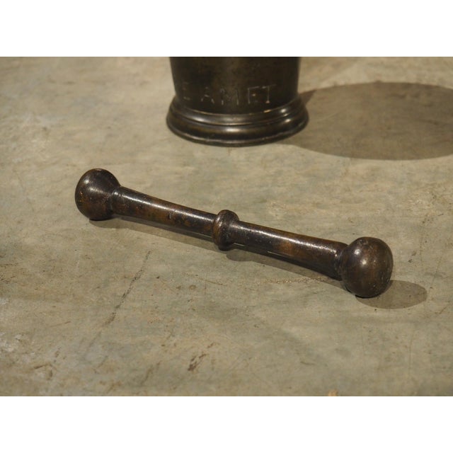 18th Century 18th Century Bell Shaped French Bronze Mortar With Pestle, Inscribed Pe Amet For Sale - Image 5 of 11
