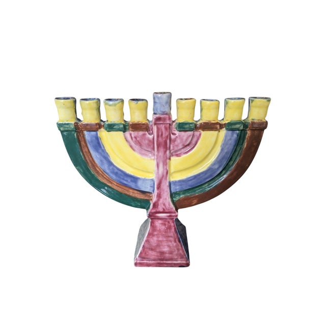 Vintage Hand Painted Ceramic Studio Pottery Menorah For Sale - Image 11 of 16