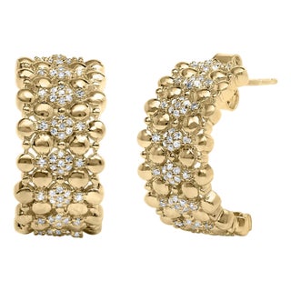 14K Yellow Gold Plated .925 Sterling Silver 3/8 Cttw Diamond and Ball Bead J Hoop Earrings, A Pair For Sale