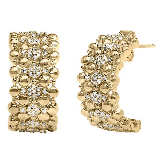 14K Yellow Gold Plated .925 Sterling Silver 3/8 Cttw Diamond and Ball Bead J Hoop Earrings, A Pair For Sale