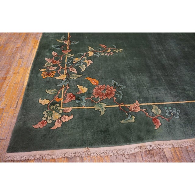 1930s 1930s Solid Green Field Floral Antique Chinese Art Deco Carpet Rug For Sale - Image 5 of 9