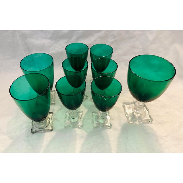 Late 19th Century Seneca Handblown Crystal "903 Green" Glassware Set of 9 For Sale - Image 5 of 6