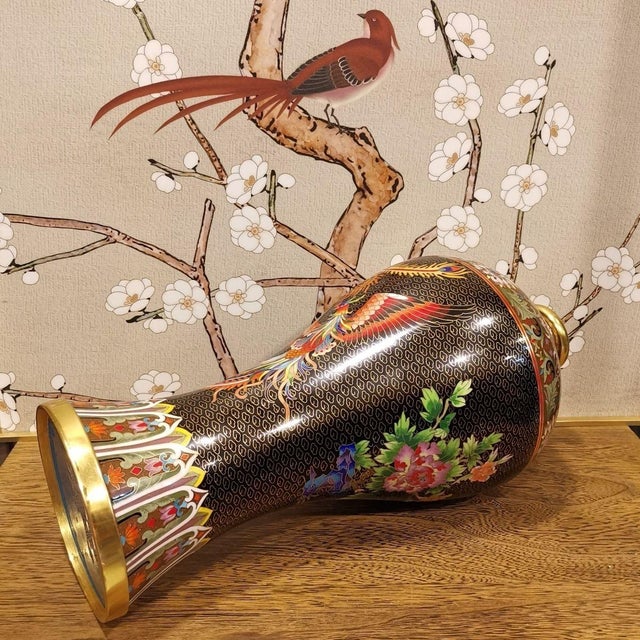 Metal Vintage Chinese Cloisonné Meiping Vase | Black Ground Phoenix & Peony Motif With Stand For Sale - Image 7 of 9