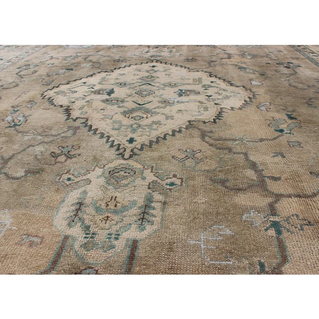 Taupe Neutral Antique Oushak Carpet in Shades of Teal, Green, Khaki, Taupe and Butter 11'4 X 14'3 For Sale - Image 8 of 10
