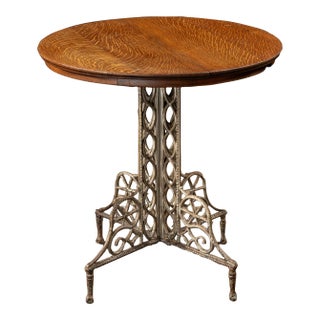 Antique Quarter Sawn Round Oak and Cast Metal Café Table For Sale