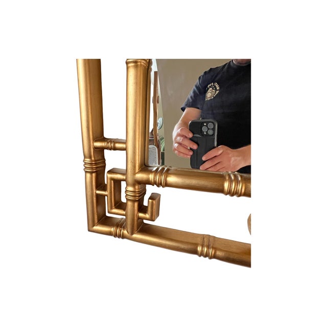 Hollywood Regency Gold Chippendale Style Faux Bamboo Greek Key Pagoda Wall Mirror Palm Beach For Sale In Palm Springs - Image 6 of 8