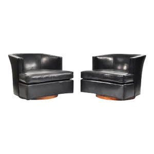 Black Leather Harvey Probber Swivel Lounge Chairs - A Pair