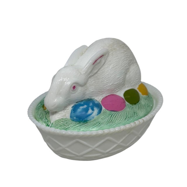 Calling all vintage lovers: authentic mid-century milk glass Easter bunny covered candy/trinket dish. Beautiful glossy...