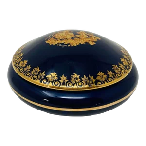 Royal Limoges Castel France 22-Karat Gold Trinket Round Box in Cobalt Blue