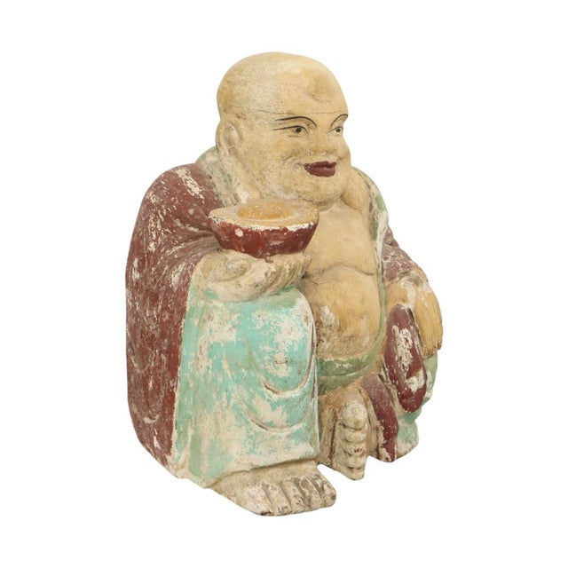 Large Laughing Buddha Wooden Polychrome Sculpture For Sale - Image 6 of 17