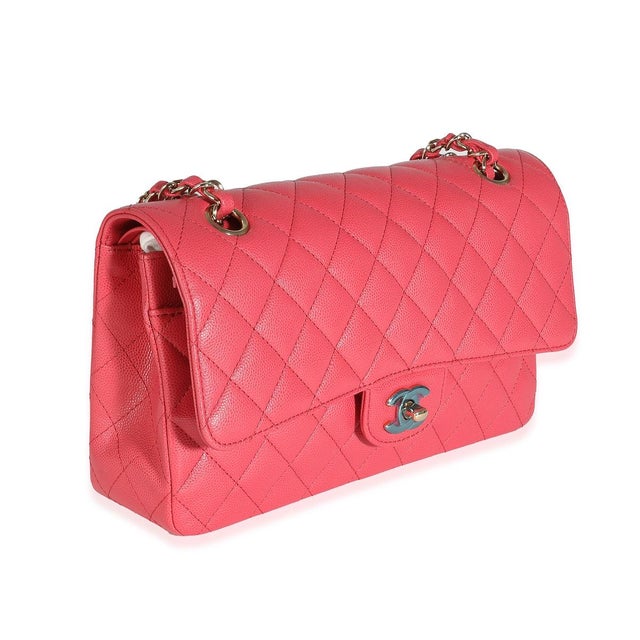 Traditional Dark Pink Quilted Caviar Medium Classic Double Flap Bag For Sale - Image 3 of 8