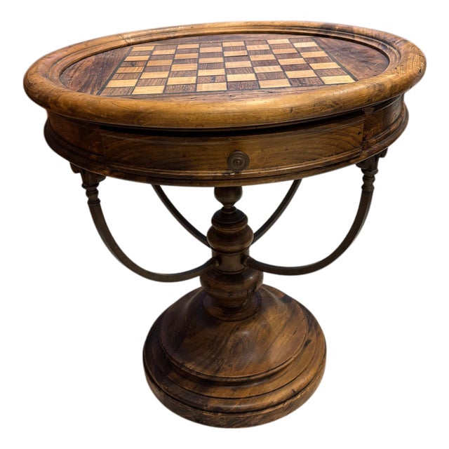 Late 20th Century Rustic Round Game Table With Inlaid Chess Board & Storage Drawer For Sale