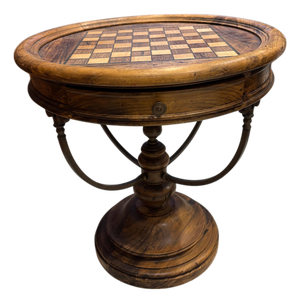 Late 20th Century Rustic Round Game Table With Inlaid Chess Board & Storage Drawer